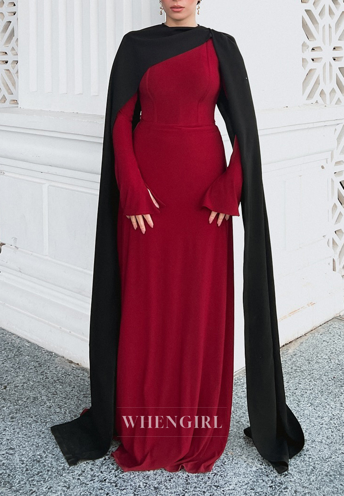 Burgundy Column Bateau Neck Long Sleeves Simple Evening Dress with Black Cape