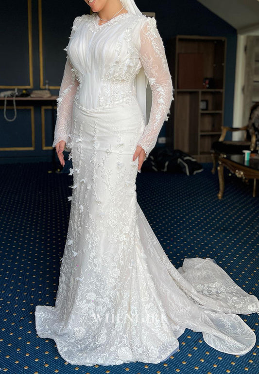 Appliqued Long Sleeves Sheath V Neck Beaded Lace Wedding Dress