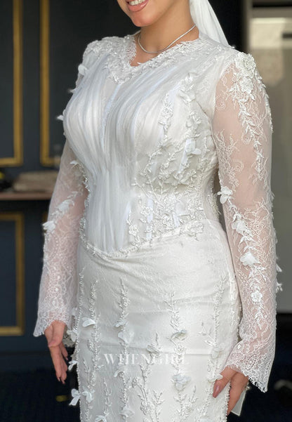 Appliqued Long Sleeves Sheath V Neck Beaded Lace Wedding Dress