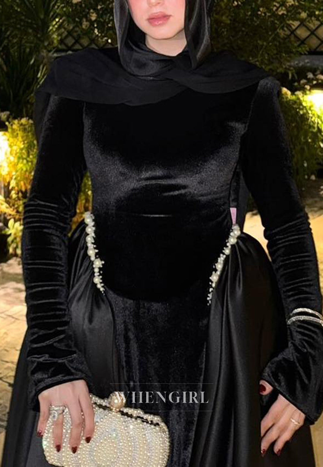 Black Sheath Long Sleeves High Neck Beaded Velvet Evening Dress
