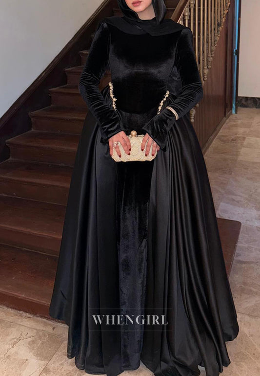 Black Sheath Long Sleeves High Neck Beaded Velvet Evening Dress