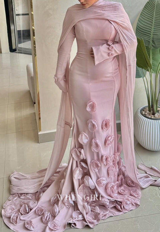 Light Pink High Neck Long Sleeves Floral Mermaid Sweep Train Evening Dress with Cape