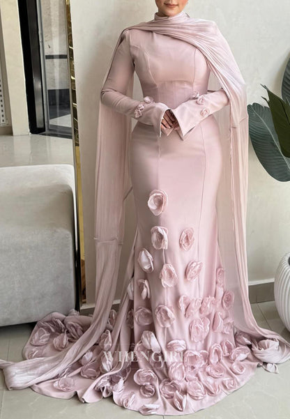 Light Pink High Neck Long Sleeves Floral Mermaid Sweep Train Evening Dress with Cape