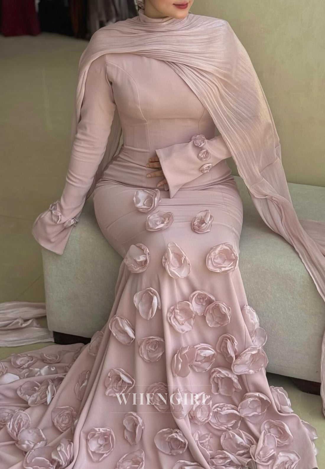 Light Pink High Neck Long Sleeves Floral Mermaid Sweep Train Evening Dress with Cape