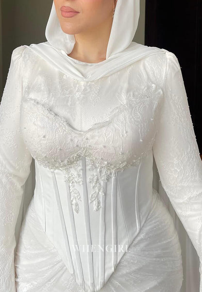 Column Bateau Neck Long Sleeves Beaded Corset Sweep Train Lace Wedding Dress