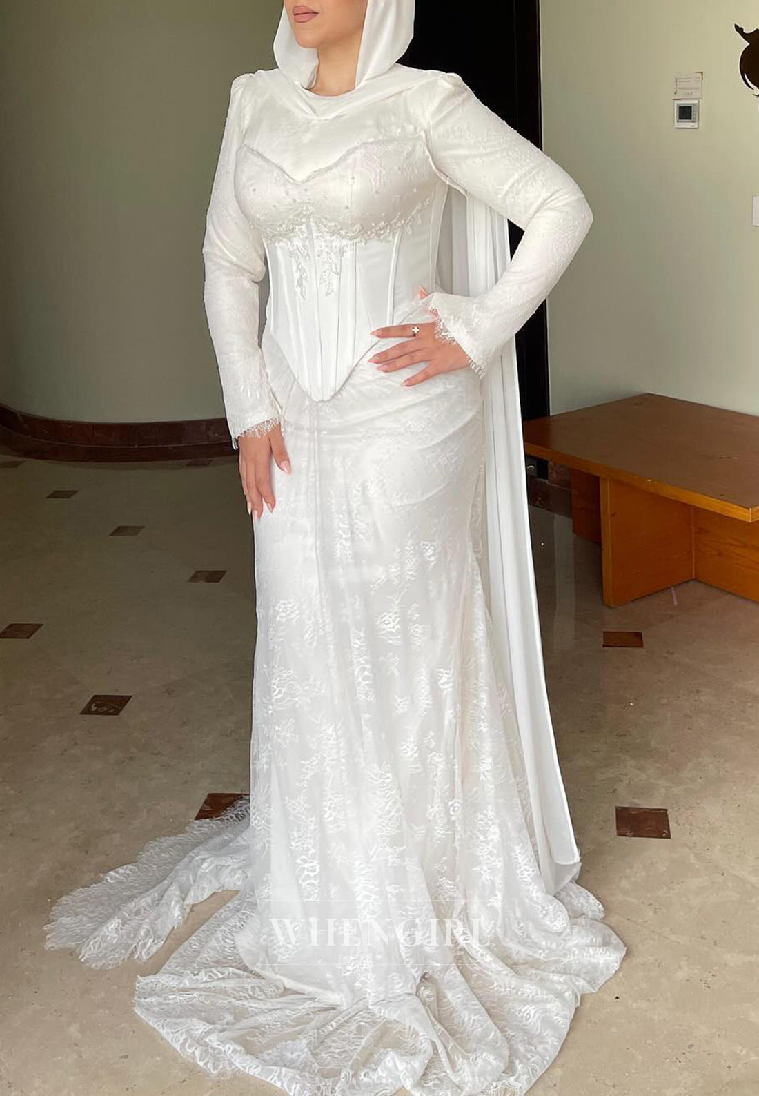 Column Bateau Neck Long Sleeves Beaded Corset Sweep Train Lace Wedding Dress