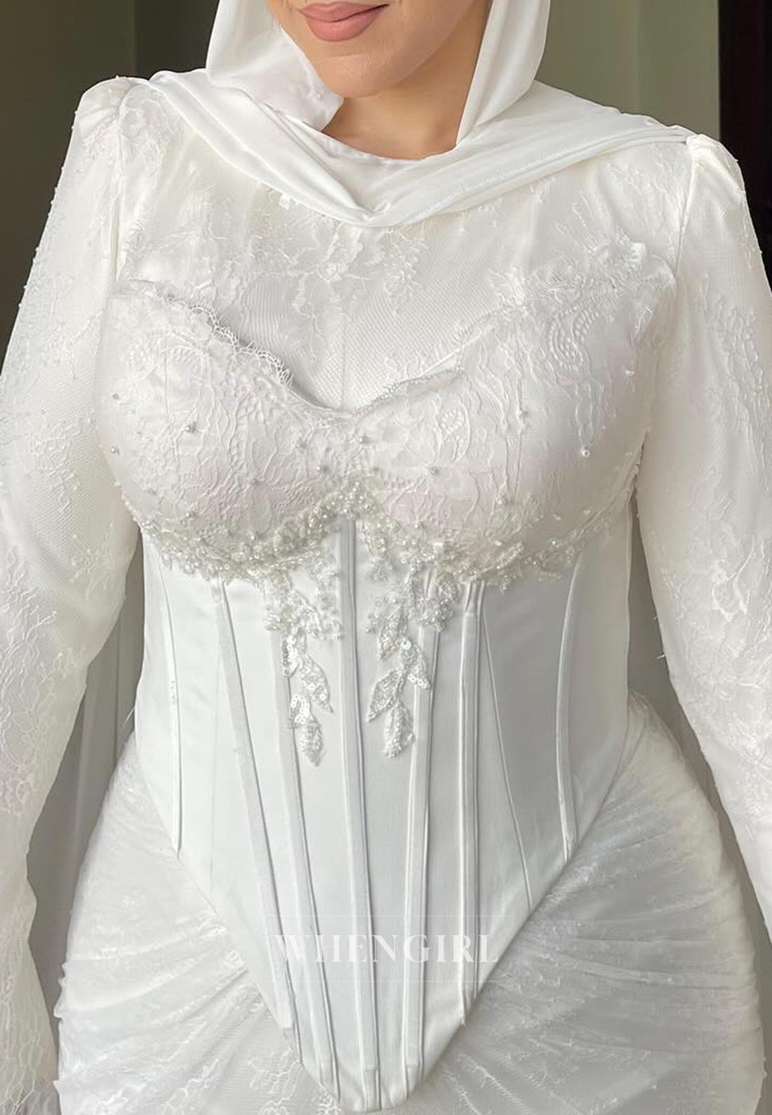 Column Bateau Neck Long Sleeves Beaded Corset Sweep Train Lace Wedding Dress