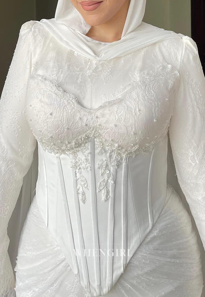 Column Bateau Neck Long Sleeves Beaded Corset Sweep Train Lace Wedding Dress