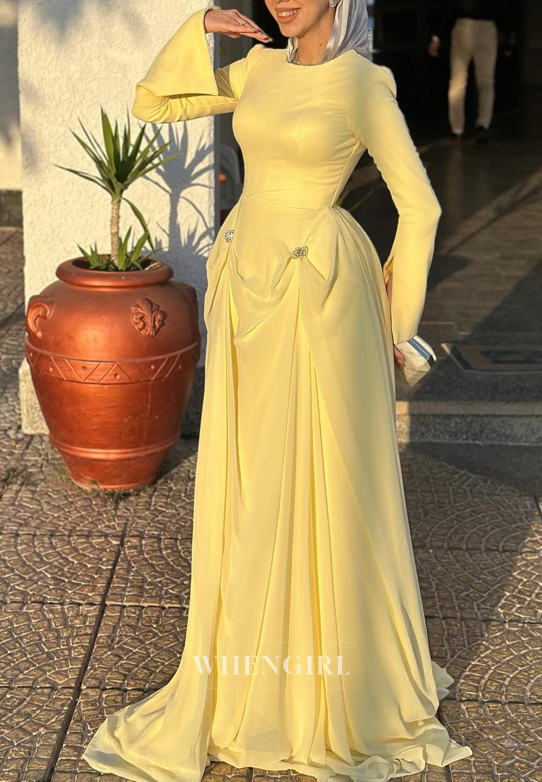 Yellow Bateau Neck Long Sleeves Beaded Ruched A-Line Evening Dress