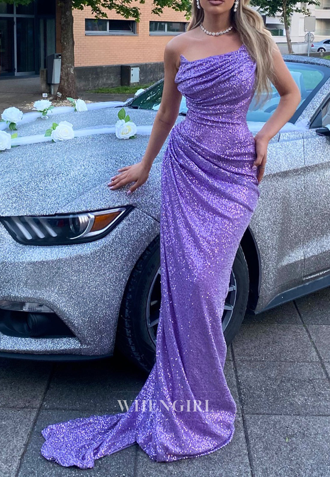 Violet Strapless Pleated Sequins Sweep Train Prom Dress Sheath Evening Formal Gown