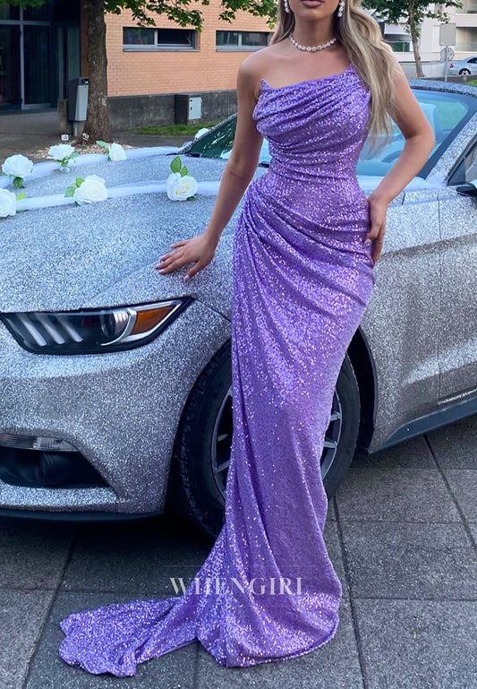Violet Strapless Pleated Sequins Sweep Train Prom Dress Sheath Evening Formal Gown