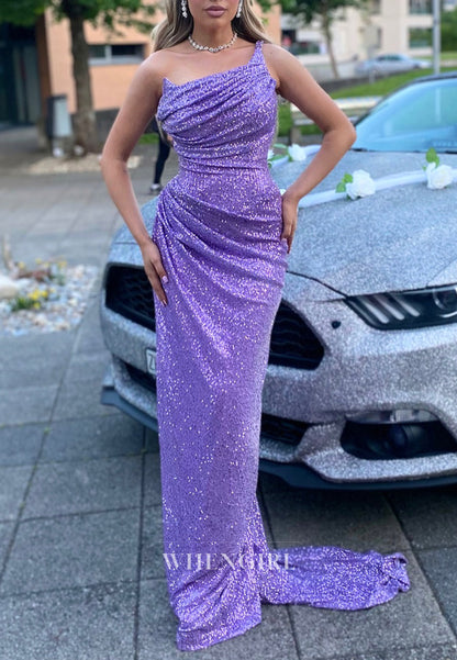 Violet Strapless Pleated Sequins Sweep Train Prom Dress Sheath Evening Formal Gown