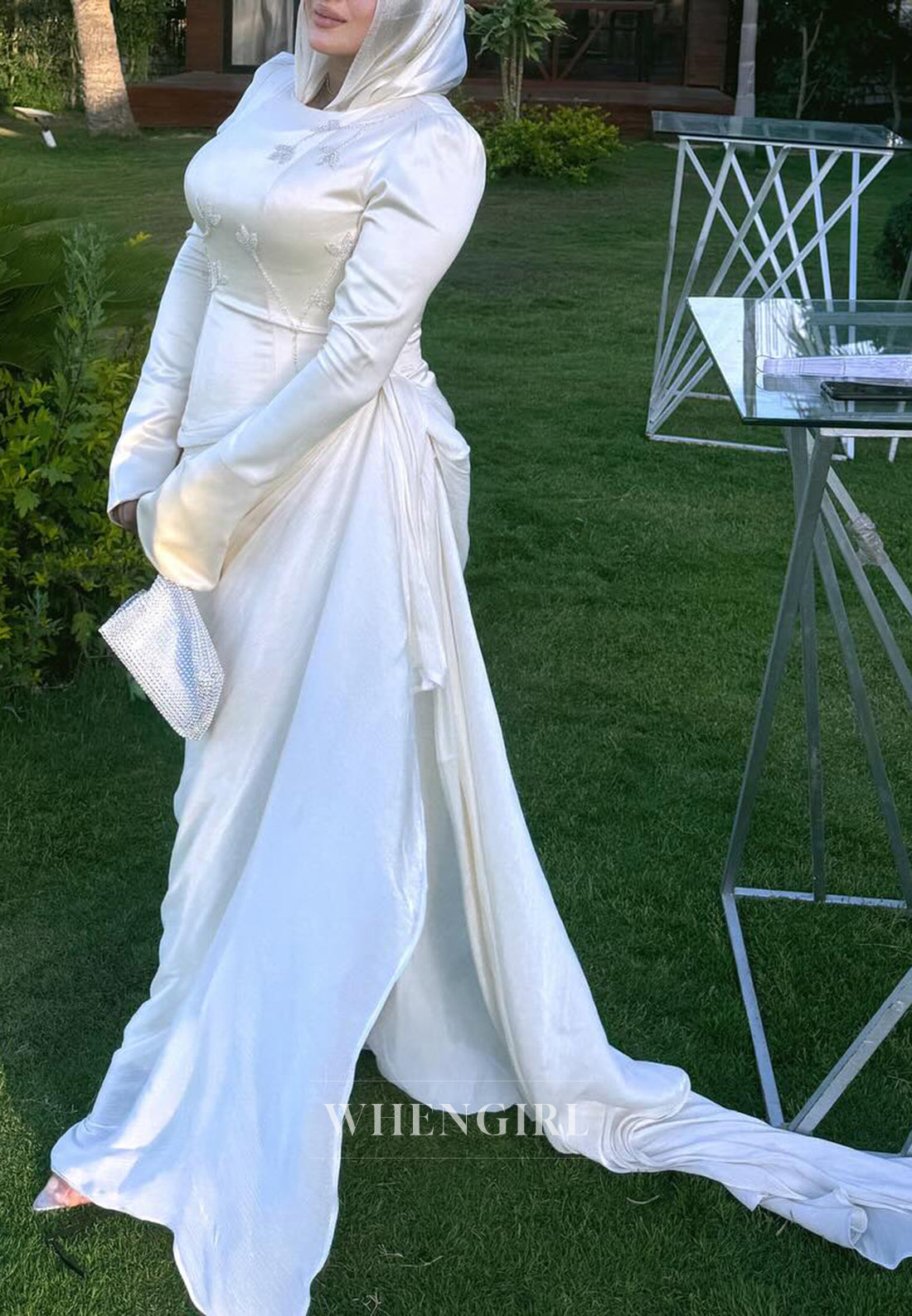Sheath Pleated Long Sleeves Bateau Neck Appliqued Wedding Dress