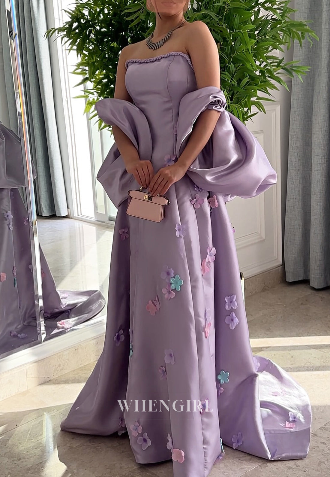 Lilac Tube Top Floral Formal Dress A-Line Strapless Evening Gown with Cape