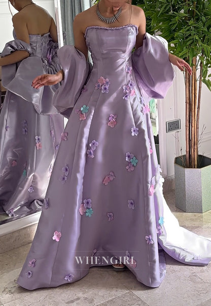Lilac Tube Top Floral Formal Dress A-Line Strapless Evening Gown with Cape
