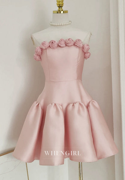 Blush 3D Flowers Tube Top Strapless Back Zipper A-Line Short Homecoming Dress