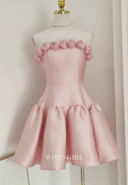 Blush 3D Flowers Tube Top Strapless Back Zipper A-Line Short Homecoming Dress