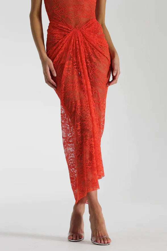 Orange Strapless Lase Illusion Lace Prom Dress