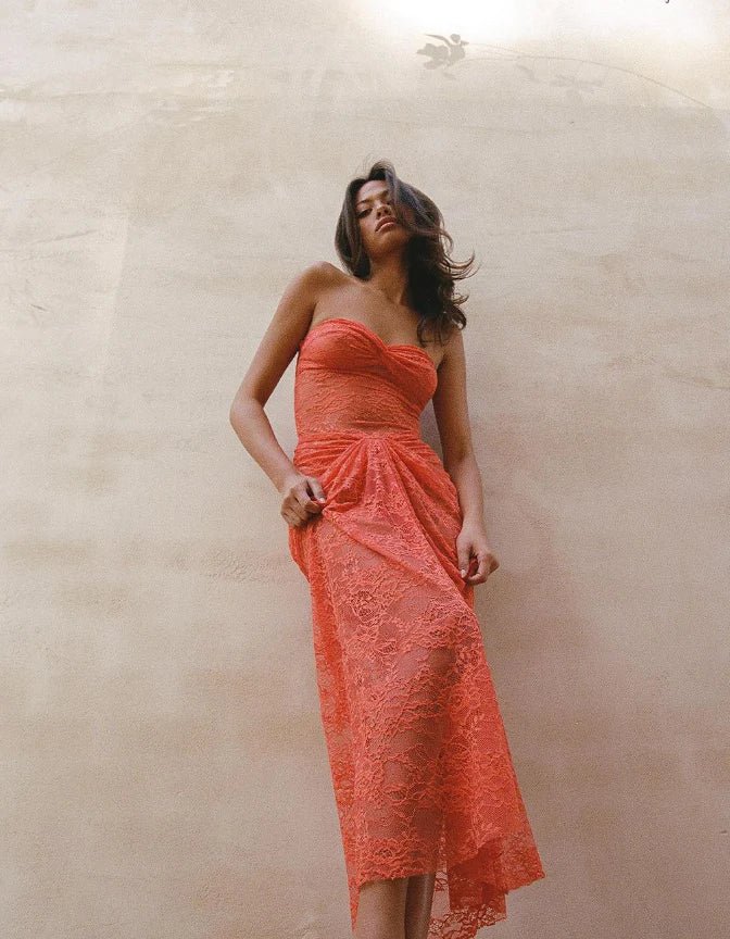 Orange Strapless Lase Illusion Lace Prom Dress