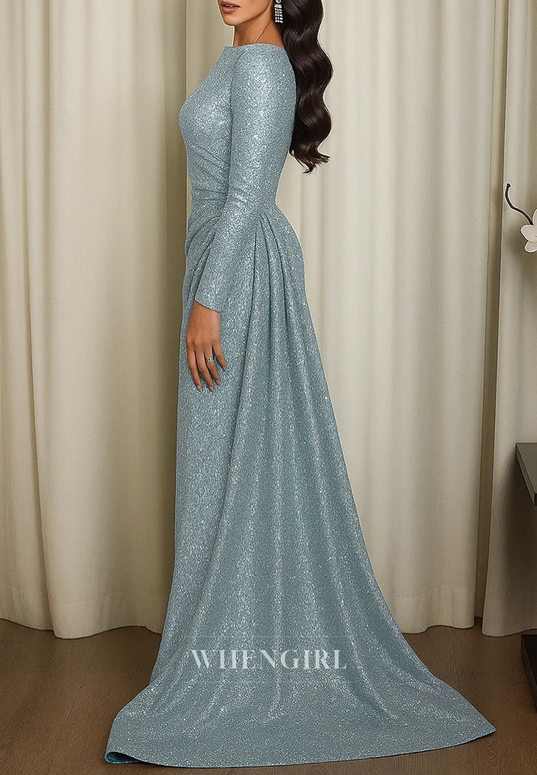 Mermaid Bateau Neck Long Sleeves Pleated Mother of the Bride Dress Evening Dress with Train