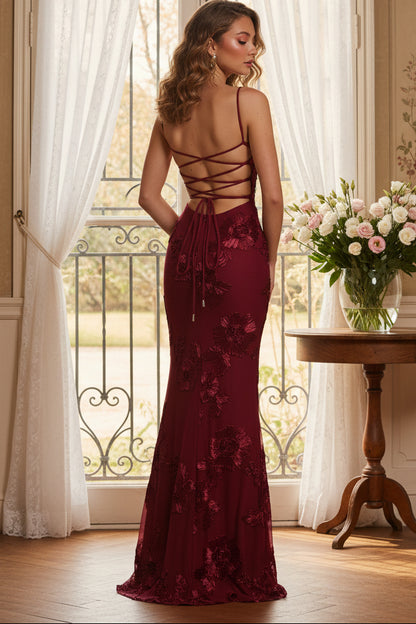 Mermaid Spaghetti Straps Floral Lace Up Prom Dress