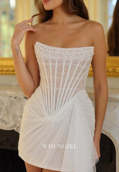 Sheath Pleated Beaded Straps Sleeveless Lace Up Short Wedding Dress