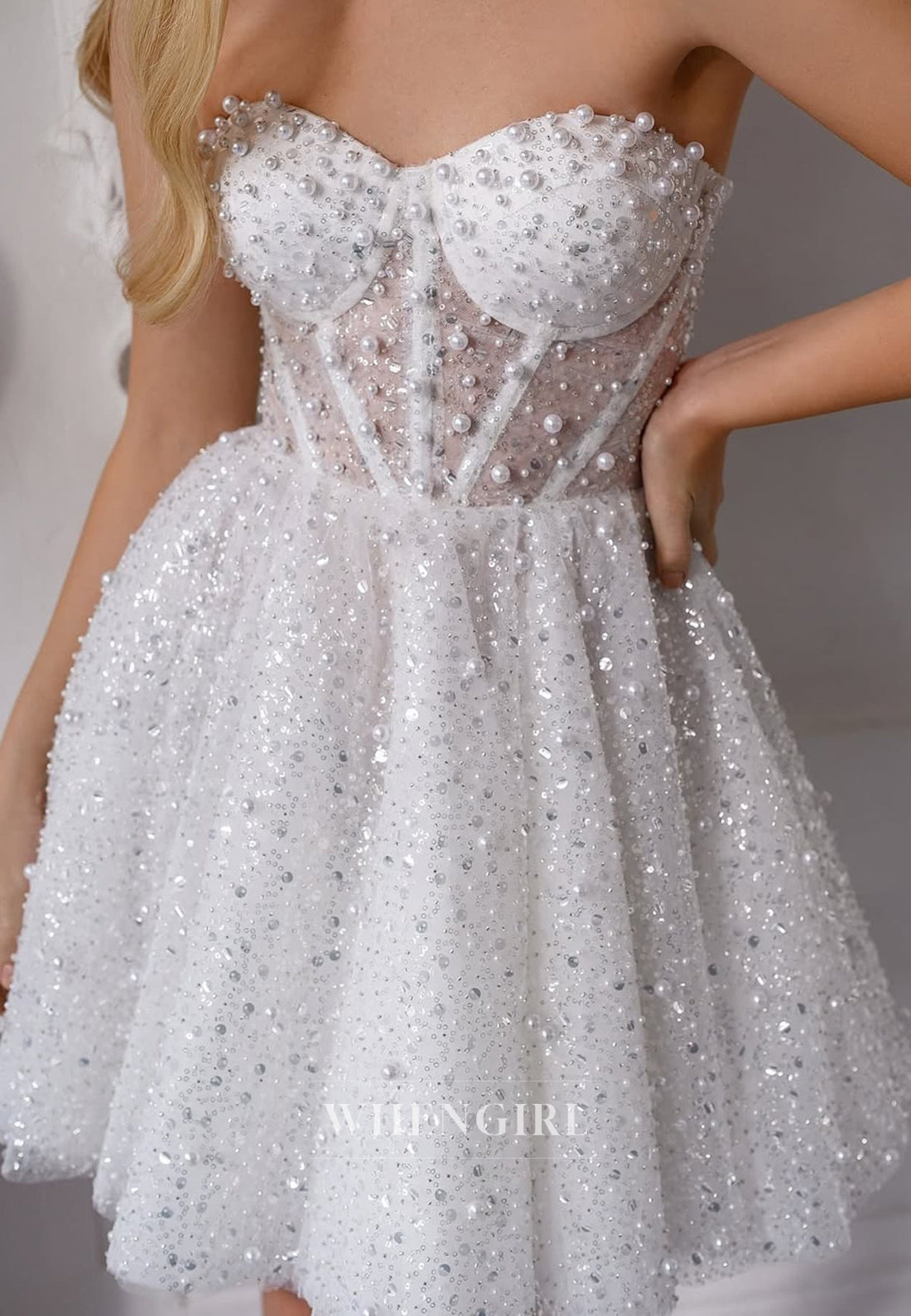 A-Line Beaded Sleeveless Lace Up Sweetheart Short Wedding Dress