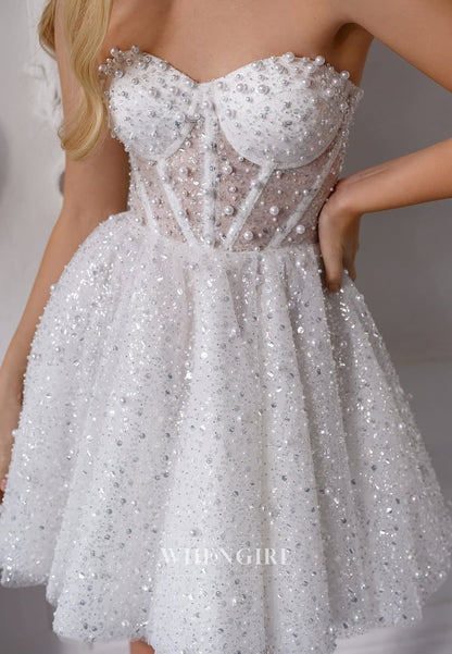 A-Line Beaded Sleeveless Lace Up Sweetheart Short Wedding Dress