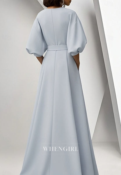 A-Line Puff Sleeves Embroidery Mother of the Bride Dress with Pockets