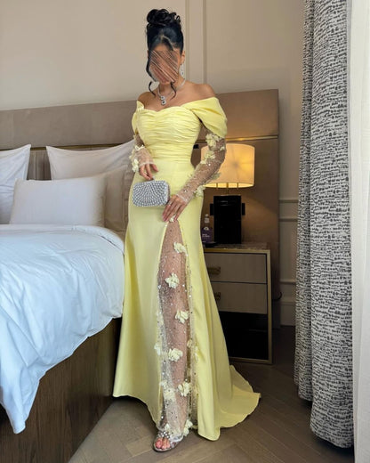 Off-Shoulder Long Sleeves Sheath High Slit Floral Ruched Satin Prom Dress with Beads Party Dress