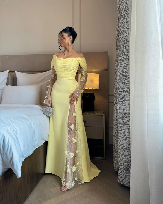 Off-Shoulder Long Sleeves Sheath High Slit Floral Ruched Satin Prom Dress with Beads Party Dress