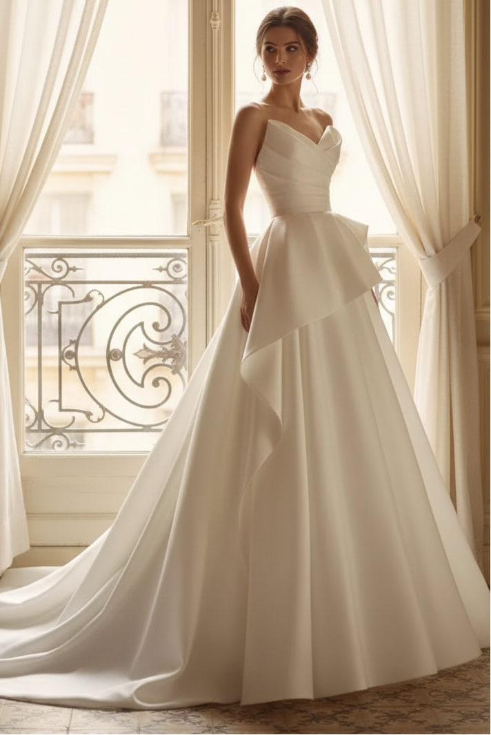 A-Line Ruffles Ruched Strapless Court Train Wedding Dress