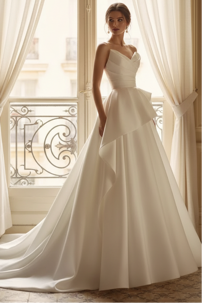 A-Line Ruffles Ruched Strapless Court Train Wedding Dress