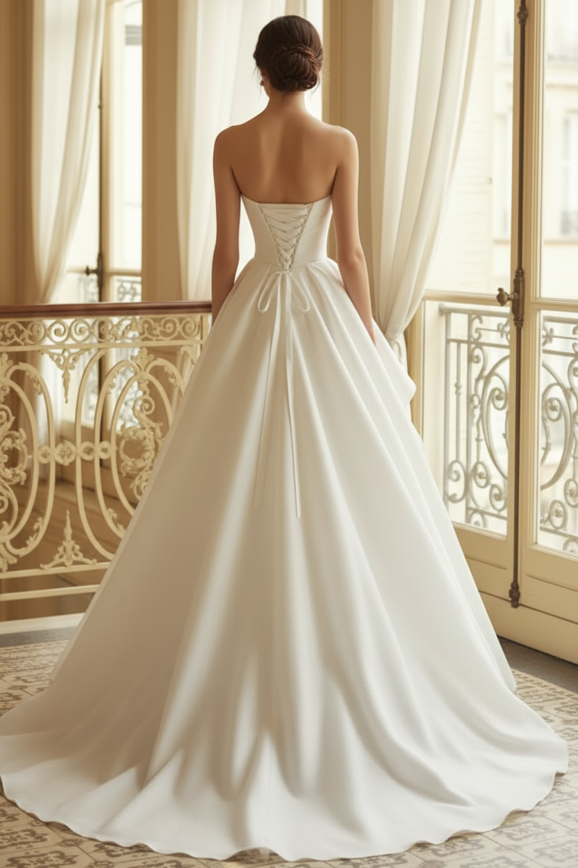 A-Line Ruffles Ruched Strapless Court Train Wedding Dress