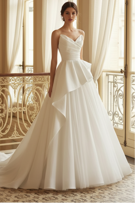 A-Line Ruffles Ruched Strapless Court Train Wedding Dress