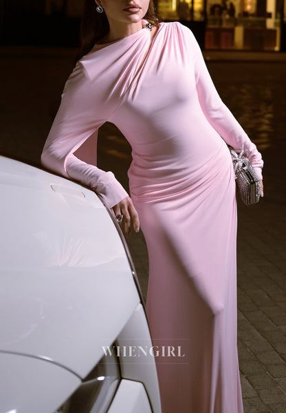 Simple Light Pink Asymmertrical Neck Floor Length Sheath Formal Evening Dress