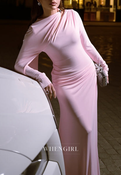 Simple Light Pink Asymmertrical Neck Floor Length Sheath Formal Evening Dress
