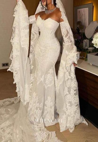 Sweetheart Appliqued Lace Mermaid Wedding Dress with Bell Sleeves