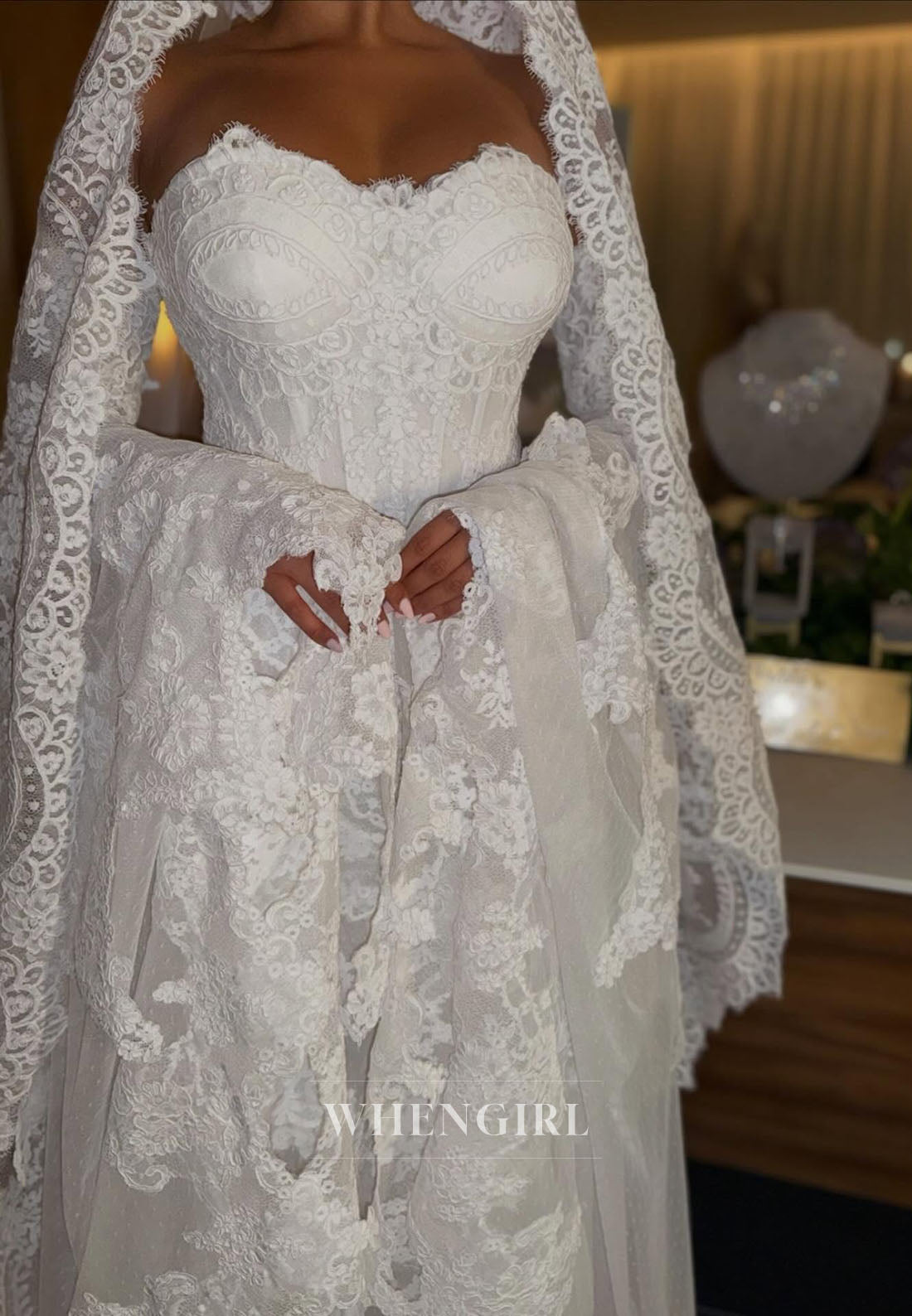 Sweetheart Appliqued Lace Mermaid Wedding Dress with Bell Sleeves