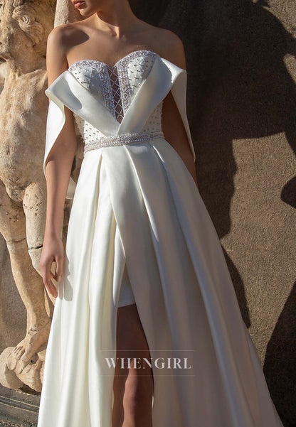 Off Shoulder Beaded Sleeveless Pleated A-Line Wedding Dress with Sweep Train