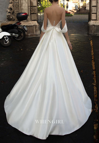 Off Shoulder Beaded Sleeveless Pleated A-Line Wedding Dress with Sweep Train