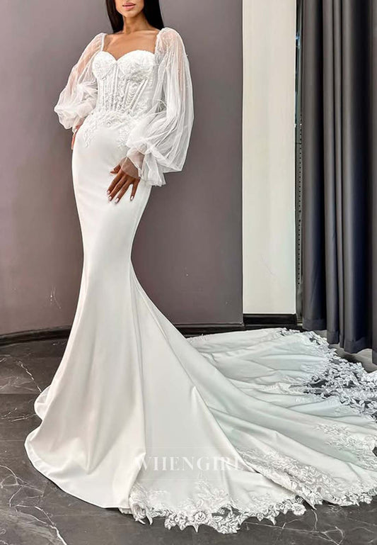 Sweetheart Long Sleeves Appliqued Lace Back Zipper Court Train Mermaid Wedding Dress