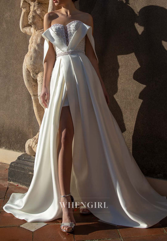 Off Shoulder Beaded Sleeveless Pleated A-Line Wedding Dress with Sweep Train