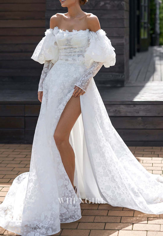 Off Shoulder Long Sleeves Appliqued Lace Side Slit Sweep Train Lace Up A-Line Wedding Dress