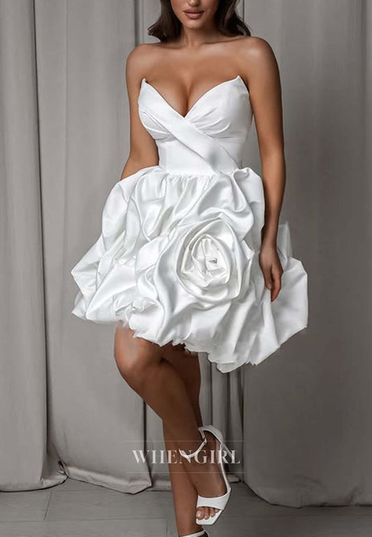 A-Line V Neck Ruched Flowers Lace Up Sleeveless Short Wedding Dress