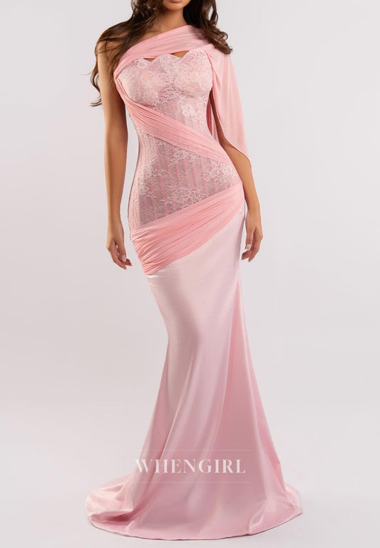 Pink Mermaid One SHoulder Ruched Lace Top Prom Dress