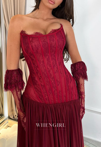Burgundy Strapless Lace Corset A-Line Draped Chiffon Hem Formal Gown