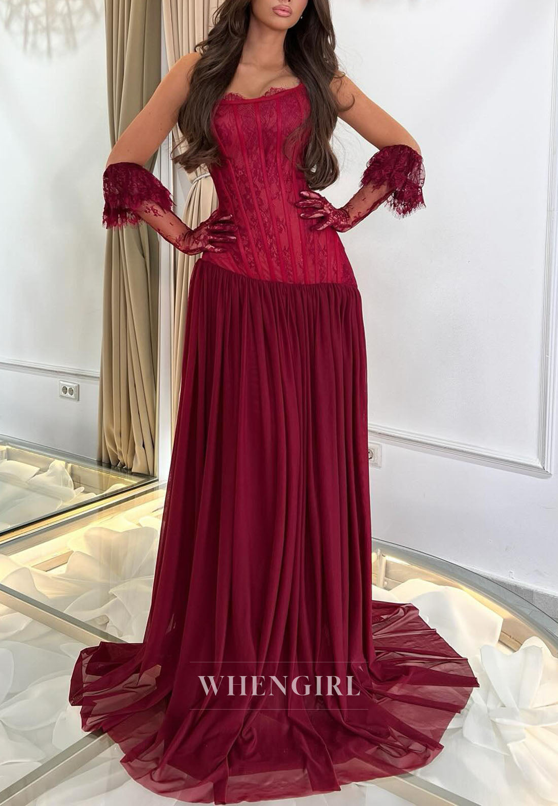 Burgundy Strapless Lace Corset A-Line Draped Chiffon Hem Formal Gown