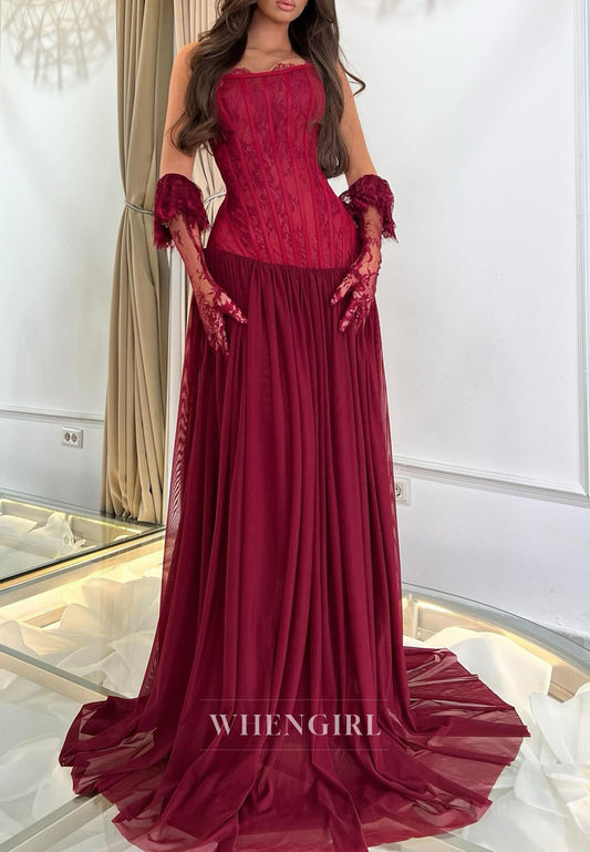 Burgundy Strapless Lace Corset A-Line Draped Chiffon Hem Formal Gown