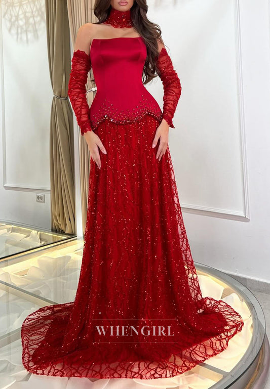 Red Long Sleeves Beaded Sweep Train A-Line Evening Formal Dress